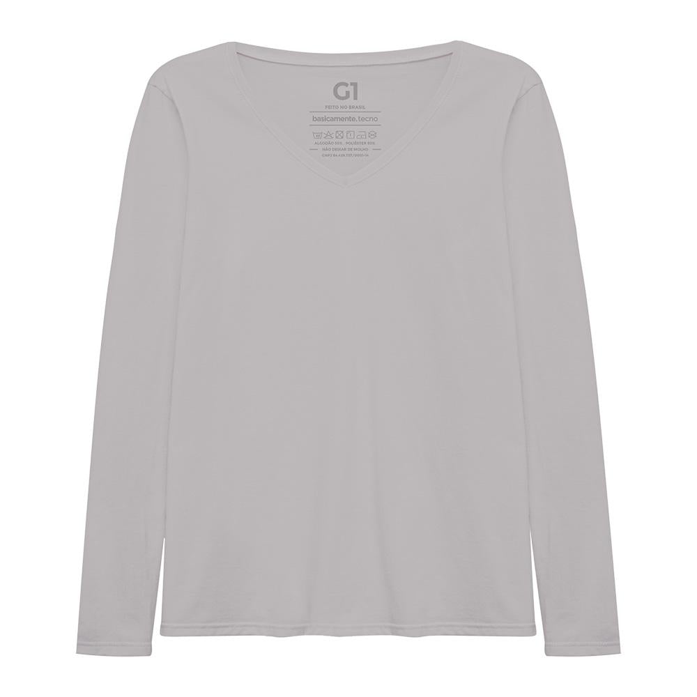 Camiseta Slim Gola V Manga Longa Plus Feminina - Cinza Areia