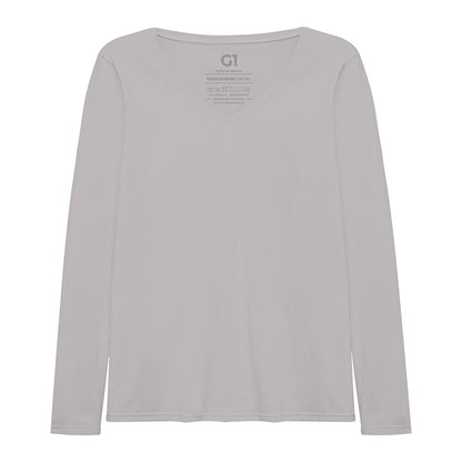 Camiseta Slim Gola V Manga Longa Plus Feminina - Cinza Areia