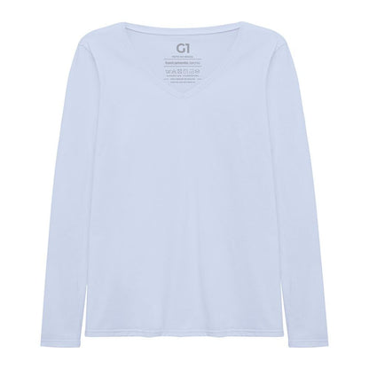 Camiseta Slim Gola V Manga Longa Plus Feminina - Azul Capri