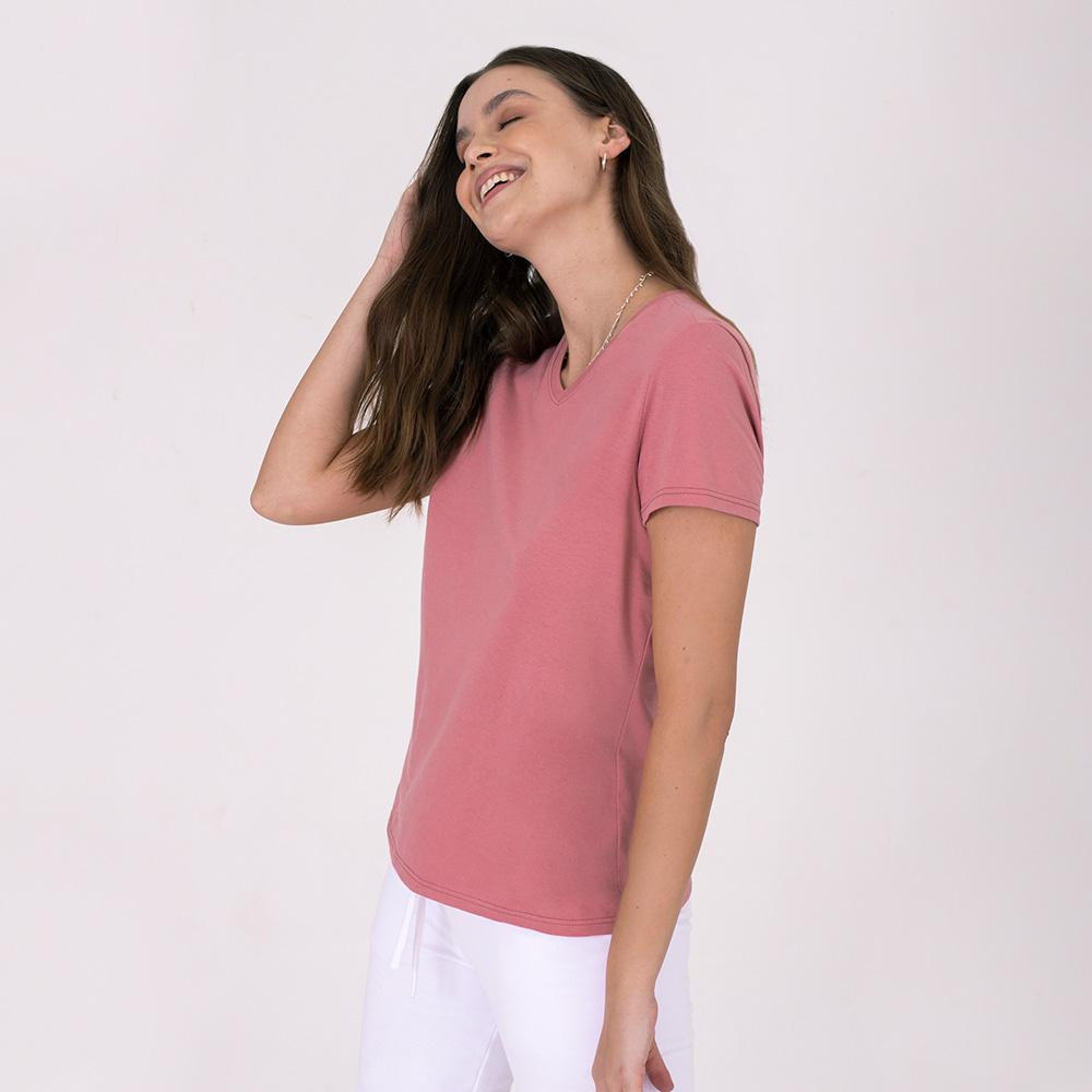 Camiseta Básica Gola V Feminina - Rose