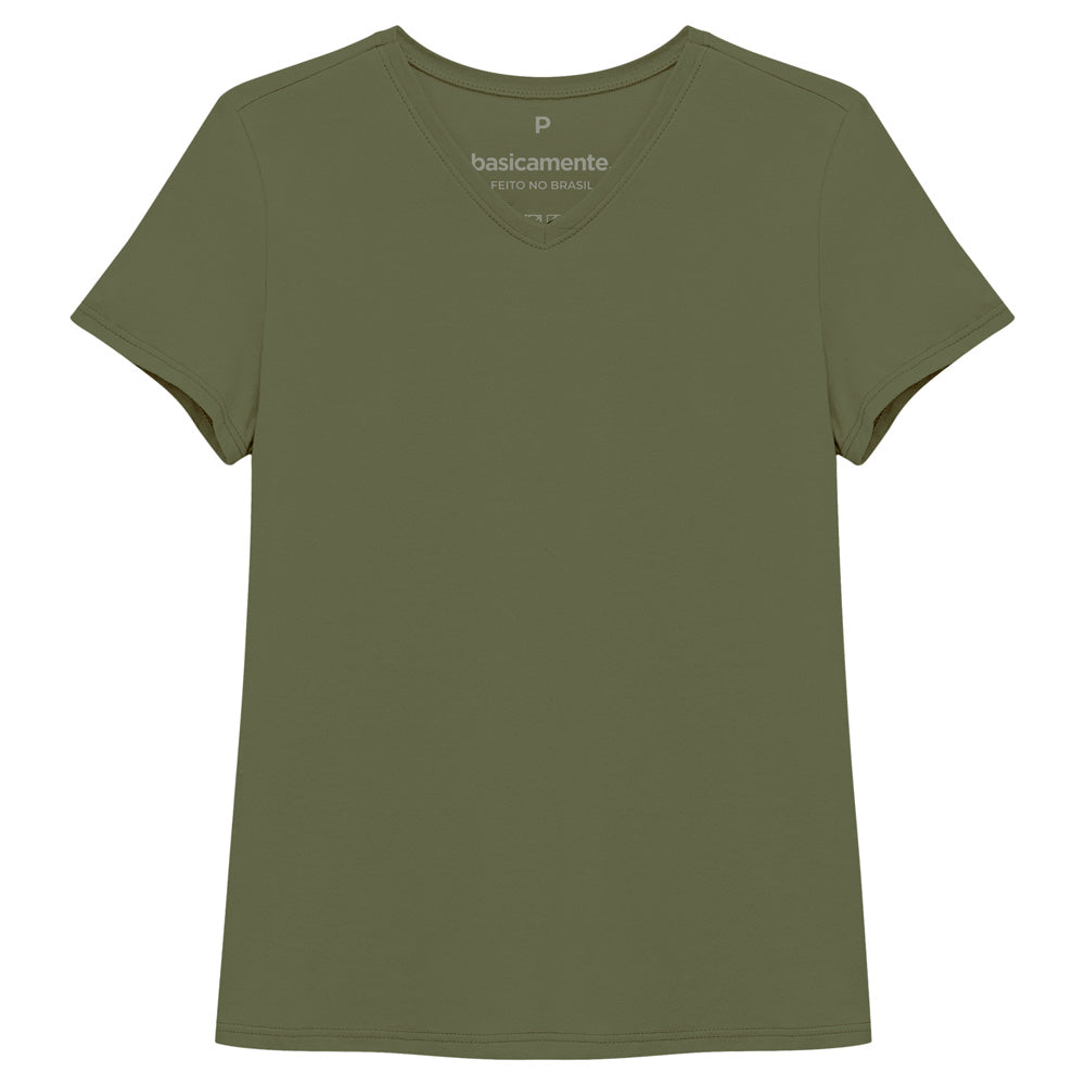 Camiseta Básica Gola V Feminina - Verde Militar