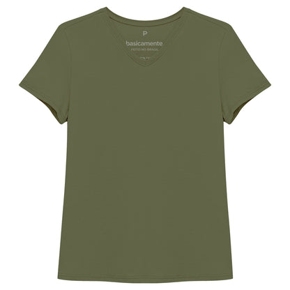 Camiseta Básica Gola V Feminina - Verde Militar