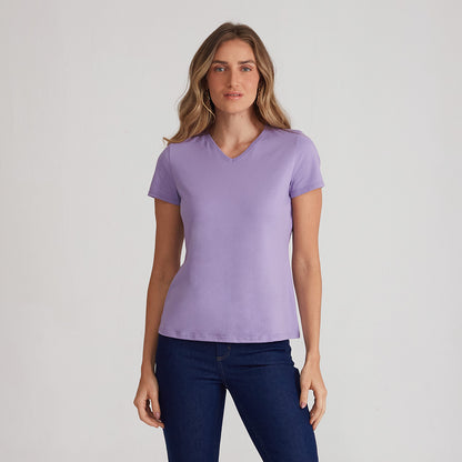 Camiseta Básica Gola V Feminina - Lilás