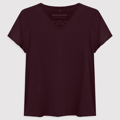 Camiseta Básica Gola V Feminina - Vermelho Vinho