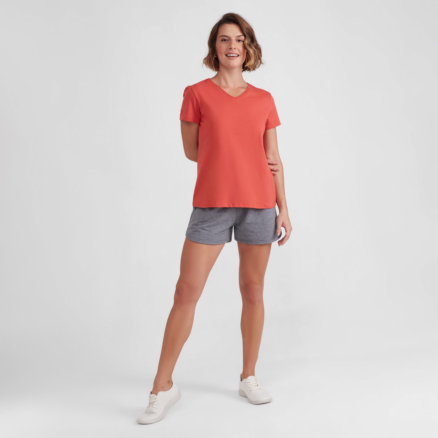 Camiseta Básica Gola V Feminina - Laranja Coral