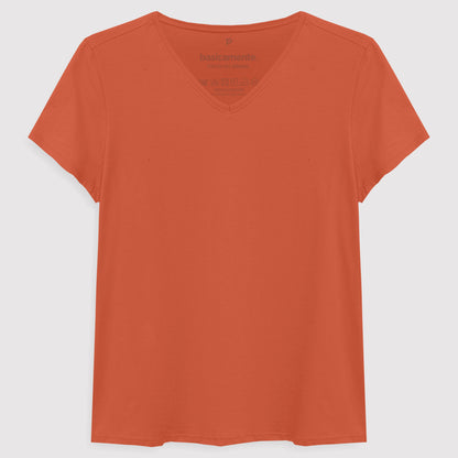 Camiseta Básica Gola V Feminina - Laranja Coral