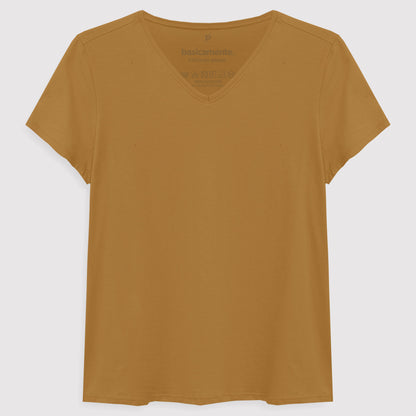 Camiseta Básica Gola V Feminina - Ocre