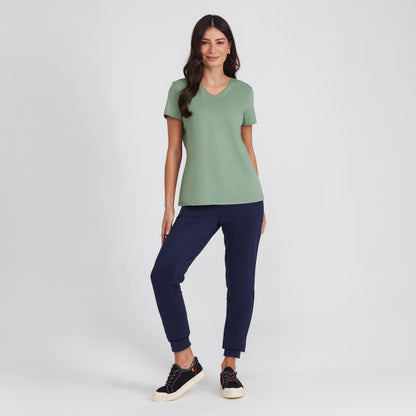 Camiseta Básica Gola V Feminina - Verde Jade