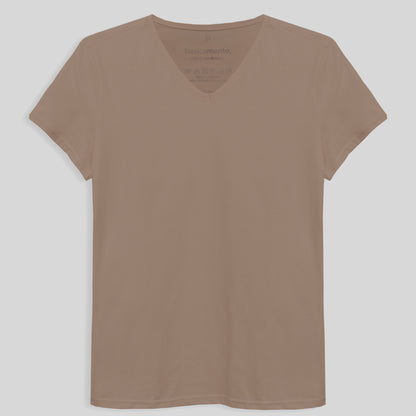 Camiseta Básica Gola V Feminina - Bege Claro