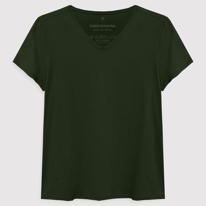 Camiseta Básica Gola V Feminina - Verde Selva
