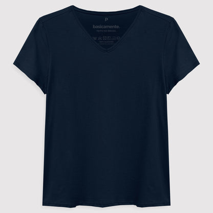 Camiseta Básica Gola V Feminina - Azul Marinho