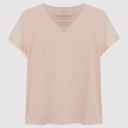 Camiseta Básica Gola V Feminina - Rosa Pastel
