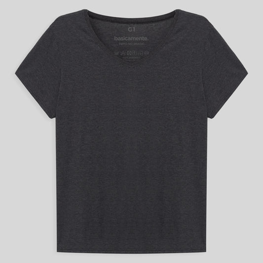 Camiseta Básica Gola V Plus Feminina - Mescla Escuro
