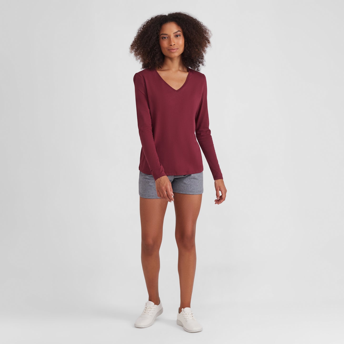Camiseta Básica Manga Longa Gola V Feminina - Vermelho Vinho