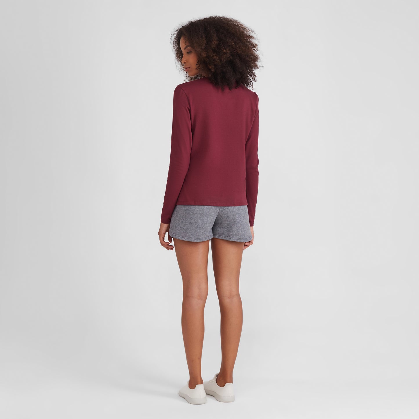 Camiseta Básica Manga Longa Gola V Feminina - Vermelho Vinho