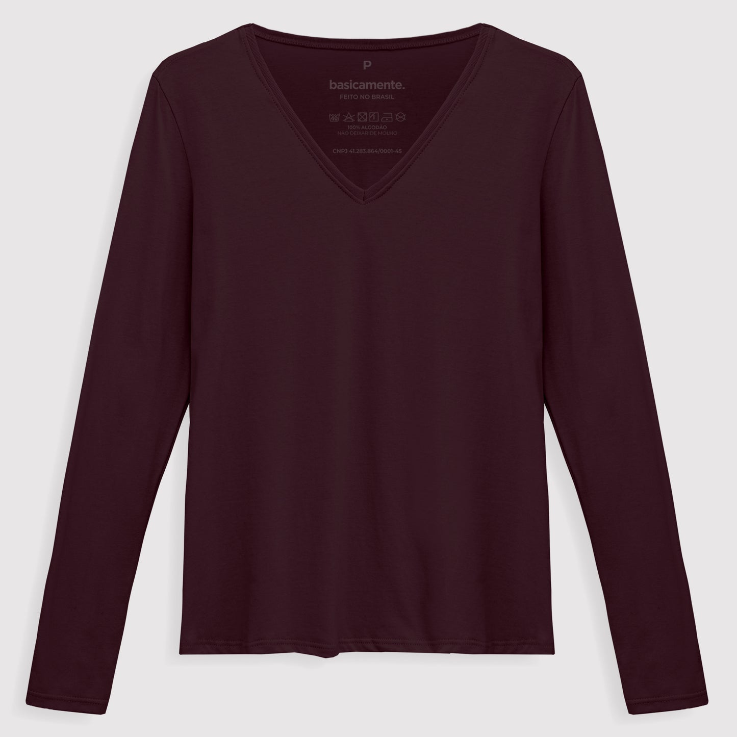 Camiseta Básica Manga Longa Gola V Feminina - Vermelho Vinho