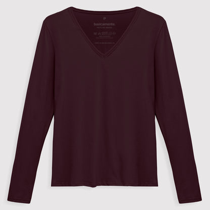 Camiseta Básica Manga Longa Gola V Feminina - Vermelho Vinho