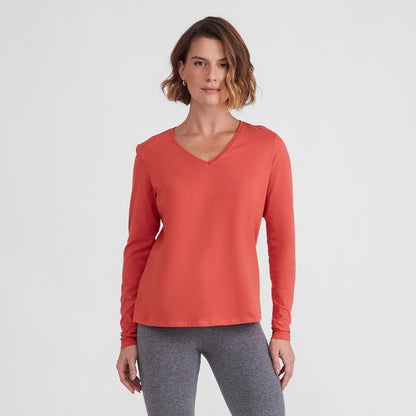 Camiseta Básica Manga Longa Gola V Feminina - Laranja Coral