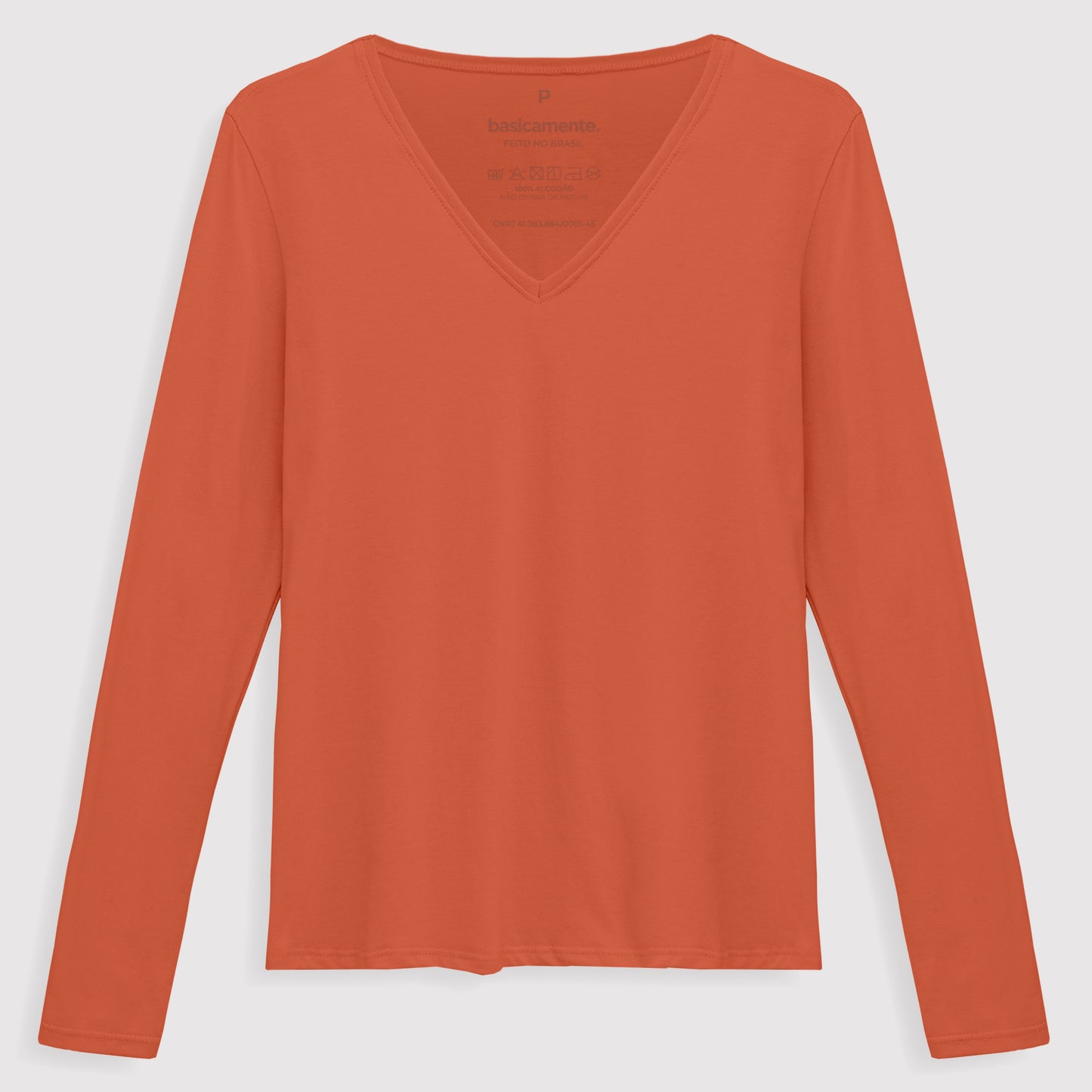 Camiseta Básica Manga Longa Gola V Feminina - Laranja Coral