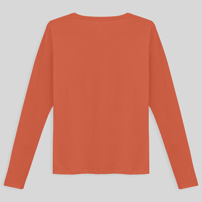 Camiseta Básica Manga Longa Gola V Feminina - Laranja Coral
