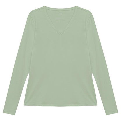 Camiseta Básica Manga Longa Gola V Feminina - Verde Oliva