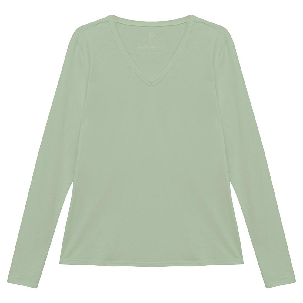 Camiseta Básica Manga Longa Gola V Feminina - Verde Oliva