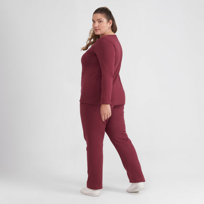 Camiseta Babylook Algodão Premium Manga Longa Gola V Plus Feminina - Vermelho Vinho