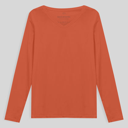 Camiseta Babylook Algodão Premium Manga Longa Gola V Plus Feminina - Laranja Coral