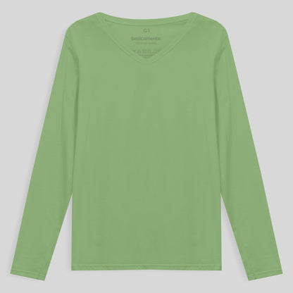 Camiseta Babylook Algodão Premium Manga Longa Gola V Plus Feminina - Verde Jade