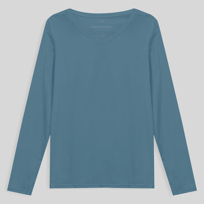 Camiseta Babylook Algodão Premium Manga Longa Gola V Plus Feminina - Azul Celeste