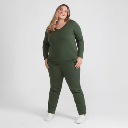 Camiseta Babylook Algodão Premium Manga Longa Gola V Plus Feminina - Verde Selva
