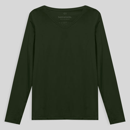Camiseta Babylook Algodão Premium Manga Longa Gola V Plus Feminina - Verde Selva