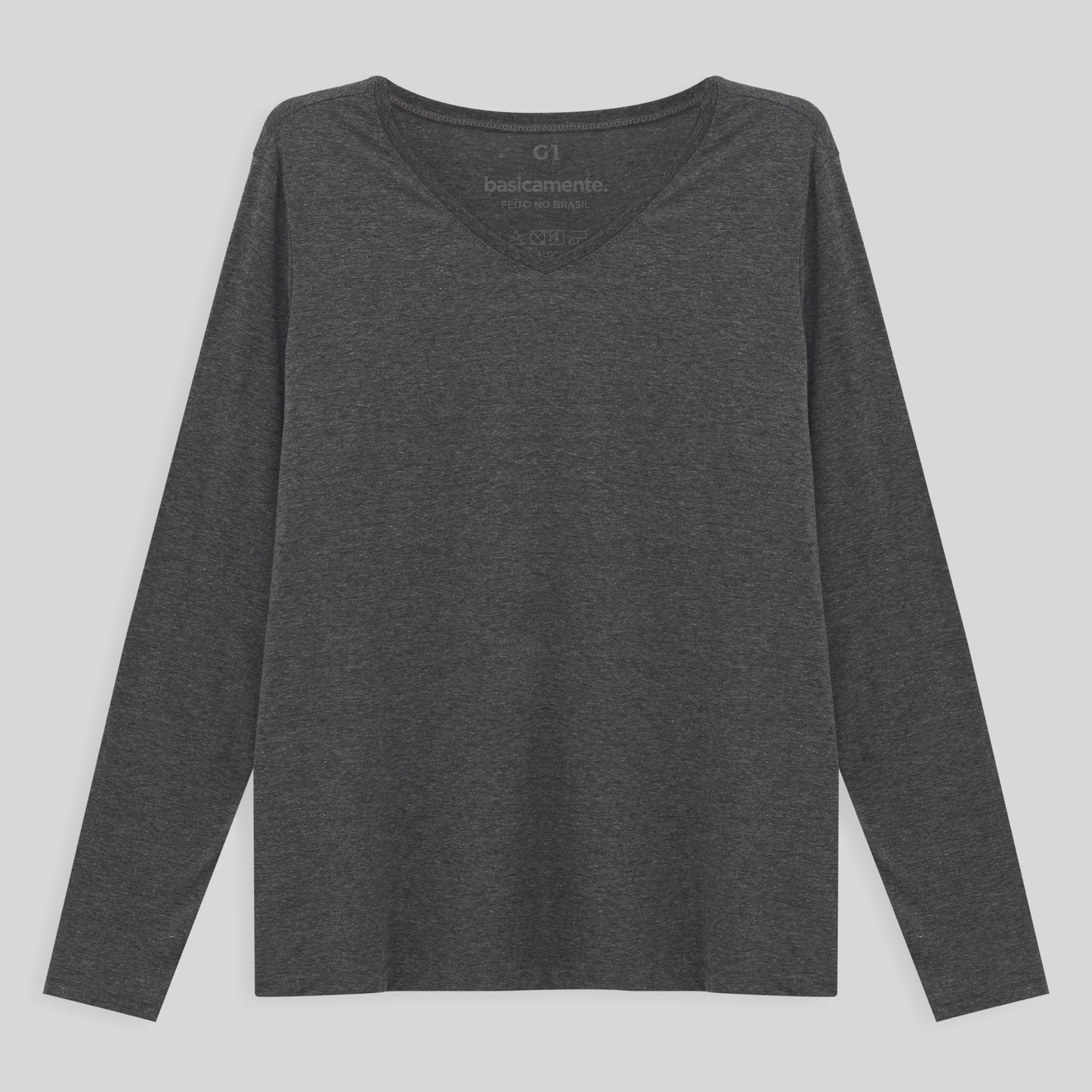 Camiseta Babylook Algodão Premium Manga Longa Gola V Plus Feminina - Mescla Escuro