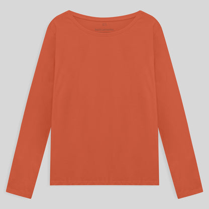 Camiseta Básica Manga Longa Plus Feminina - Laranja Coral