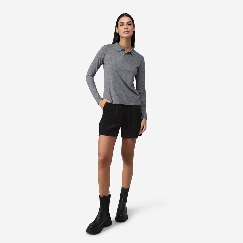 Camisa Polo Manga Longa Feminina - Mescla Escuro