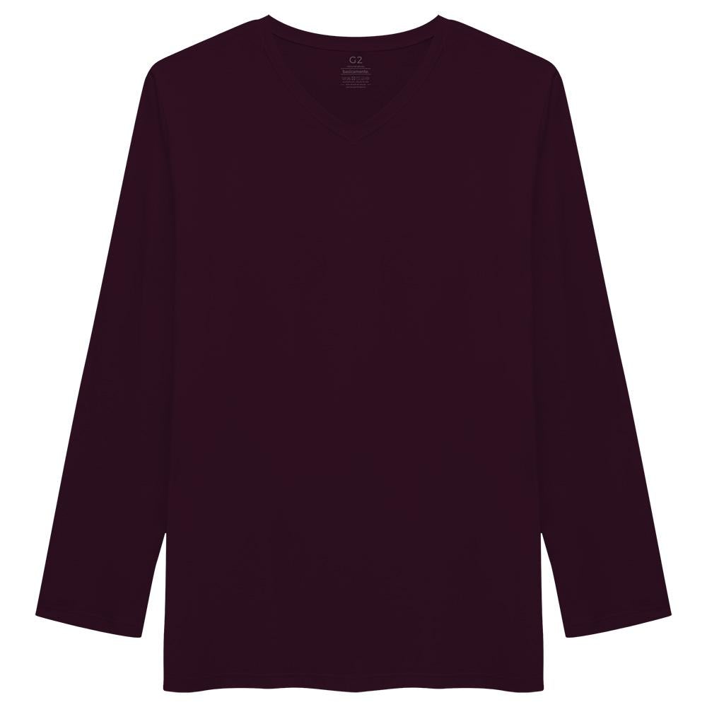 Camiseta Básica Gola V Manga Longa Plus Masculina - Wine