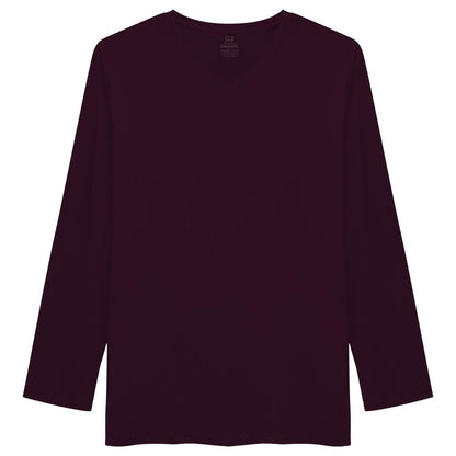 Camiseta Básica Gola V Manga Longa Plus Masculina - Wine