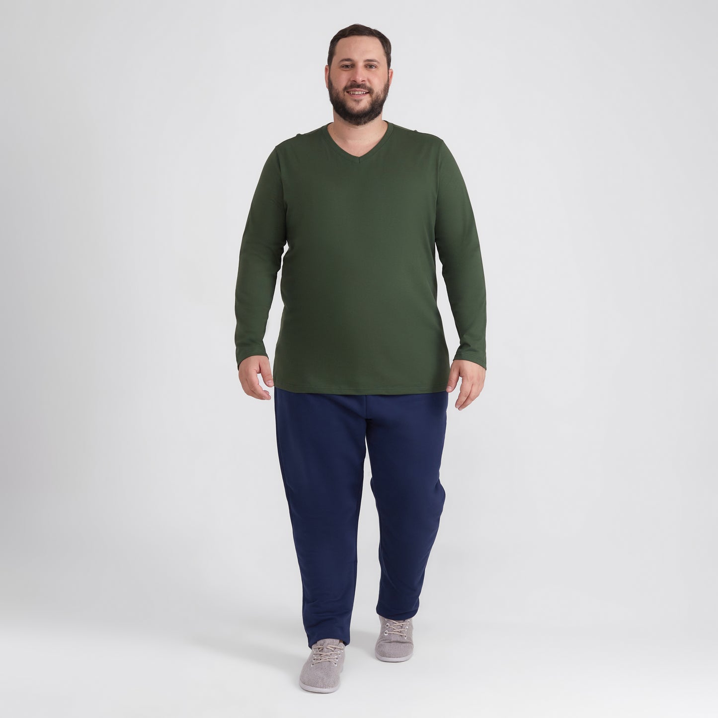 Camiseta Básica Gola V Manga Longa Plus Masculina - Verde Selva
