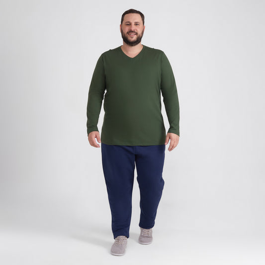 Camiseta Básica Gola V Manga Longa Plus Masculina - Verde Selva