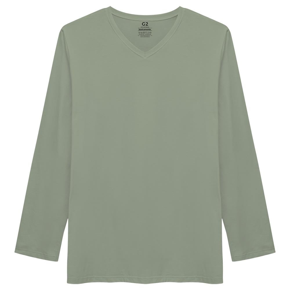 Camiseta Básica Gola V Manga Longa Plus Masculina - Verde Oliva