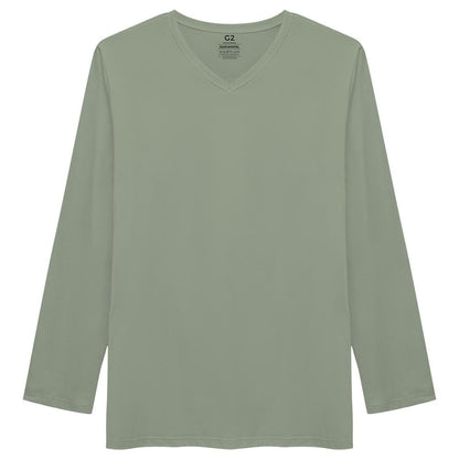 Camiseta Básica Gola V Manga Longa Plus Masculina - Verde Oliva
