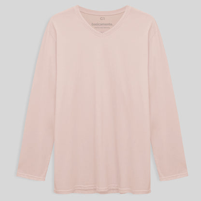 Camiseta Básica Gola V Manga Longa Plus Masculina - Rosa Pastel