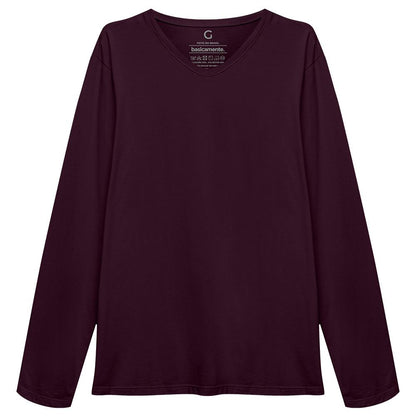Camiseta Básica Gola V Manga Longa Masculina - Wine