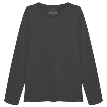 Camiseta Básica Gola V Manga Longa Masculina - Cinza Ardósia