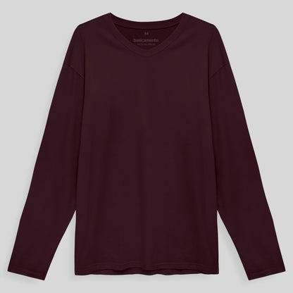 Camiseta Básica Gola V Manga Longa Masculina - Vermelho Vinho