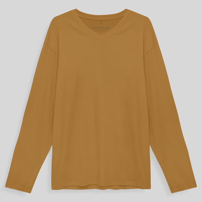 Camiseta Básica Gola V Manga Longa Masculina - Ocre