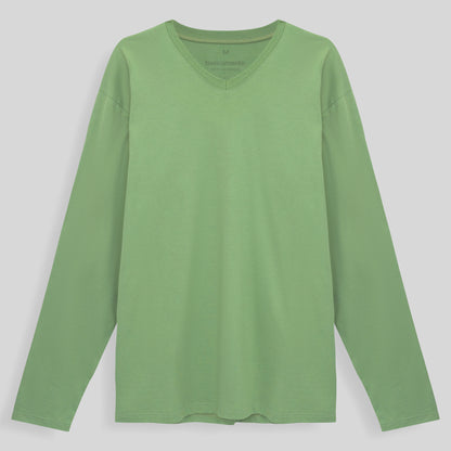 Camiseta Básica Gola V Manga Longa Masculina - Verde Jade
