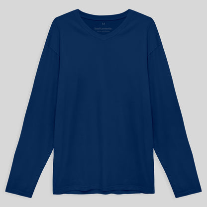 Camiseta Básica Gola V Manga Longa Masculina - Azul Bic