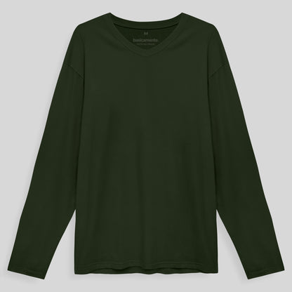 Camiseta Básica Gola V Manga Longa Masculina - Verde Selva
