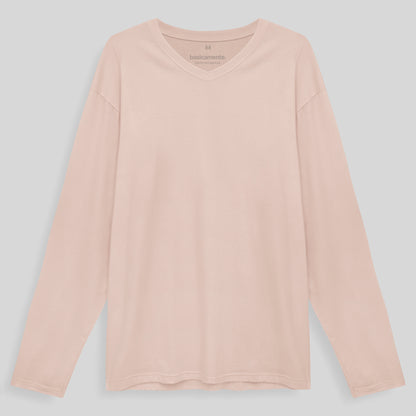 Camiseta Básica Gola V Manga Longa Masculina - Rosa Pastel